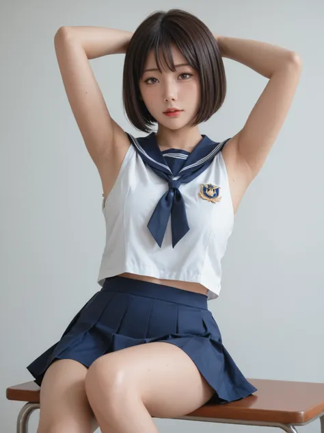 Highest Quality,masterpiece,staring at viewers,infirmary,Discipline Committee,Armpit,sweat,big boobs,soft touch,Delicate Body Curves,Realistic Human Body,school,,sleeveless,sailor suit,mini skirt,unique design,Armpitsweat,steam,bob cut,Armpitの匂い,sitting,