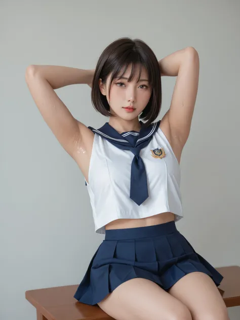 Highest Quality,masterpiece,staring at viewers,infirmary,Discipline Committee,Armpit,sweat,big boobs,soft touch,Delicate Body Curves,Realistic Human Body,school,,sleeveless,sailor suit,mini skirt,unique design,Armpitsweat,steam,bob cut,Armpitの匂い,sitting,