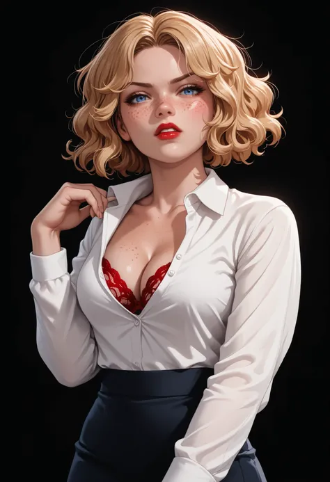 source_anime ,score_9, score_8_ up, score_7, ((black background)) , ((Russian woman)) ,((1girl)) ,Fierce face , Red lips (solo girl) ,25 years old, Dominic, rathing_questionable , (freckles:1.3), nice eyebrowed, plastic lips, Blonde short wavy hair ,(Red l...