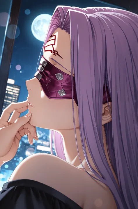 1girl, solo, close-up low angle shot, focusing on Medusa (destiny/Stay Night) Face and hands, her fingers gently adjust her eye mask, she tilted her head back, Long purple hair surrounding her face, full moon creating a bright rim light, the night citysca...