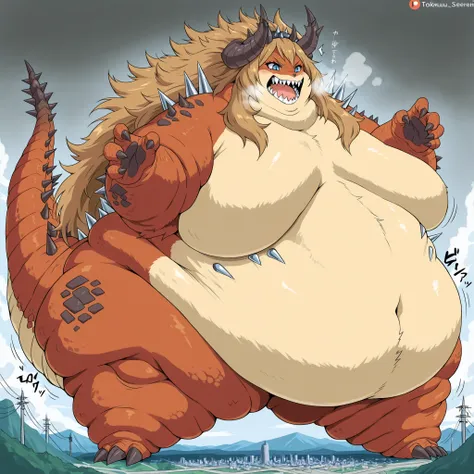 source_anime, pokemonserena, serena, long hair, blue eyes, brown hair, tail scales,kaiju,(horns:2),thick thighs,tail,(claws:1.2),(sharp teeth:1.4),(spikes:1.5),(monster:1.5),monster girl, furry, giantess,giant,two-tone scales,scalie,alien, fat, chubby, obe...