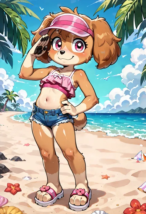 score_9, score_8_up, score_8, source_cartoon, source_furry, 1girl, solo, Skye(PP), dog, anthro, dog, furry, Cockapoo, pink eyes, golden-brown body fur, golden-brown hair, cute face, 4 fingers, ((pink visor cap, pink frilly tankini, midriff, denim shorts, s...