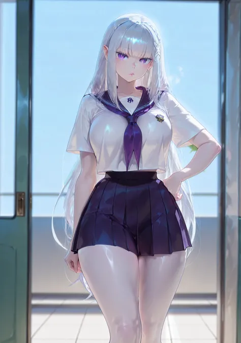 safe_pos, 1girl, Balecxi_Style, Emilia \(Re Zero)\, solo female, no background, day light, standing, big breasts, silver hair, long hair, purple eyes, curvy, thick thighs, long legs, school uniform, mini skirt, bare legs, elf, elf ears, white skin, pointy ...