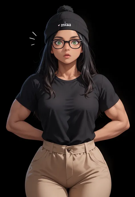 ,score_9, score_8_ up, score_7, ((black background)) , ((India woman)) ,((1girl)) , (solo girl) ,27 years old, Dominic, rathing_questionable, Black-framed glasses, Tanned skin, nice eyebrowed, (Long black hair:1.4), (black Beanie Cap:1.2), green eyes, (Bla...