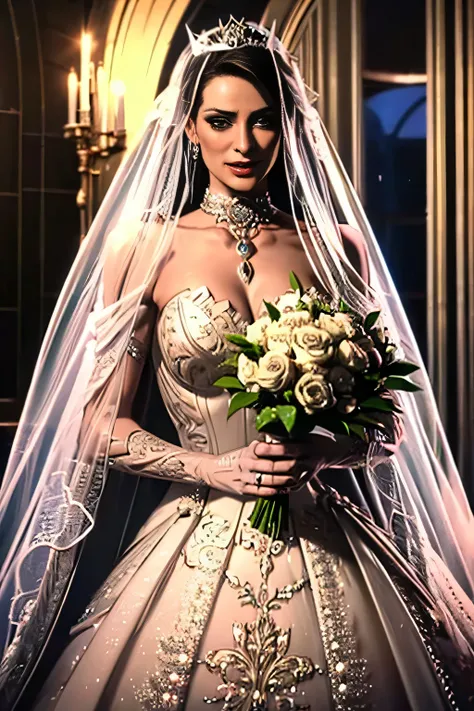 1girl, solo,Hela marvel, crown,earrings ,lipstick, eye shadow, makeup, hair between eyes, ahoge, hair ornament, gloves, dress, cleavage, bare shoulders, collarbone, white oprea gloves, white gloves, white dress, strapless, white choker, tiara, veil, strapl...