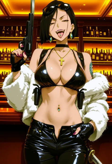 masterpiece, best quality, amazing quality,, aria sanka, short hair, , black hair, mole, mole under eye, makeup, mature female,, anime screencap, , jewelry, earrings, necklace,, lipstick, , slooking at viewer, holding, holding cigarrette, smoking, nail p...