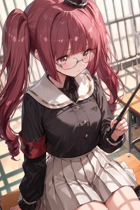 Highest quality 8K　masterpiece　High quality , Hanazono Yurine, Discipline Committee member,　School,　classrooms　風紀委員of腕章を身に着けている　　bright red long hair　紫色of目, twintails,　Glasses 　schoold uniform, sailor uniform, black shirt, white skirt, pleated skirt, sitti...