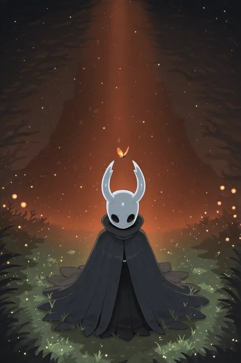 Kurzgesagt,solo, hornet \(hollow knight\), dark cave, moss, ambient firefly, orange light, fog, flat colors, no lineart, by Kisaragi Kaya
