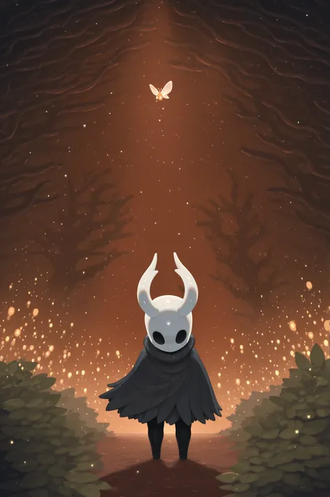 Kurzgesagt,solo, hornet \(hollow knight\), dark cave, moss, ambient firefly, orange light, fog, flat colors, no lineart, by Kisaragi Kaya