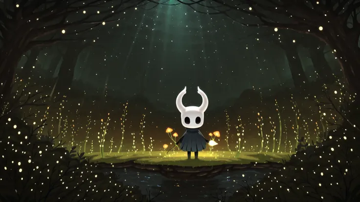 Kurzgesagt,solo, hornet \(hollow knight Silksong\), dark cave, moss, ambient firefly, orange light, fog, flat colors, no lineart, by Kisaragi Kaya