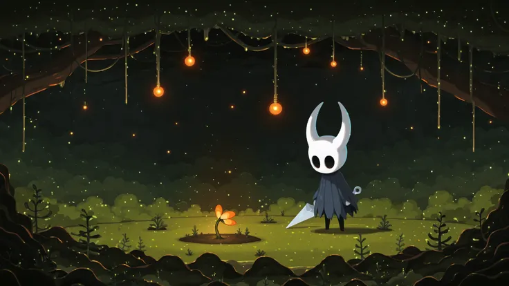 Kurzgesagt,solo, hornet \(hollow knight Silksong\), dark cave, moss, ambient firefly, orange light, fog, flat colors, no lineart, by Kisaragi Kaya
