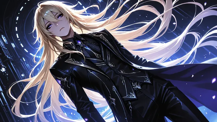 1boy,male, solo, very long hair, blonde hair, violet eyes, eyeliner,dark suit, dynamic angle, side lighting, shiny skin, detailed eyes, detailed face, cinematic lighting,semi-realism,masterpiece, best quality,absurdres 