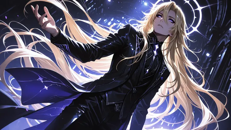 1boy,male, solo, very long hair, blonde hair, violet eyes, eyeliner,dark suit, dynamic angle, side lighting, shiny skin, detailed eyes, detailed face, cinematic lighting,semi-realism,masterpiece, best quality,absurdres 