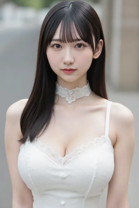 This photo shows a cute Japanese woman, goth fashion,
white lace dress, white choker, off shoulder,
The image is of very high quality, with clear skin texture.
The focus is on her face.
The focus is very sharp.
Her whole body is in the picture.
Her facia...