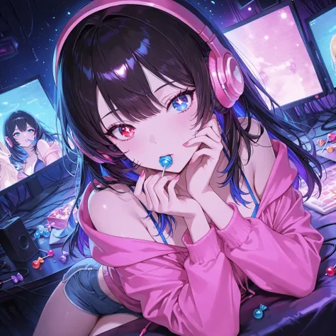 ((has red eyes on one eye、blue girl, , Dress rebelliously, Off Shoulder, shorts,  wire, dynamic angle, young woman with her hands crotched, of, Starry eyes, piquing, Blue Eyes, dark haired, LONG HAIR, Monitor lights, sweets, Lollipop in the mouth, white an...