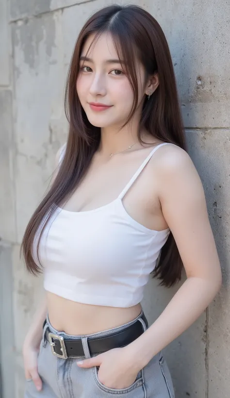 . A stunning 8K HDR full portrait of the Asian girl leans against an exquisitely decorated light grey concrete wall.. youตรง, shoulder-length dark brown hair, ready Slightly lighter highlights, ห้อยอยู่บนไหล่ของyou. youมีผิวขาวและเป็นธรรมชาติ, , pale pink ...