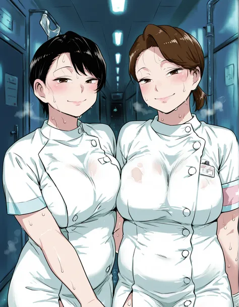 score_9_up , score_8_up , score_7 , masterpiece, Two mature women side by side, watching viewers, mm,mature female, brown eyes,plump,large breasts, black hair ponytail hair and brown short hair in the hospital hallway at night, wearing white nurse clothes ...