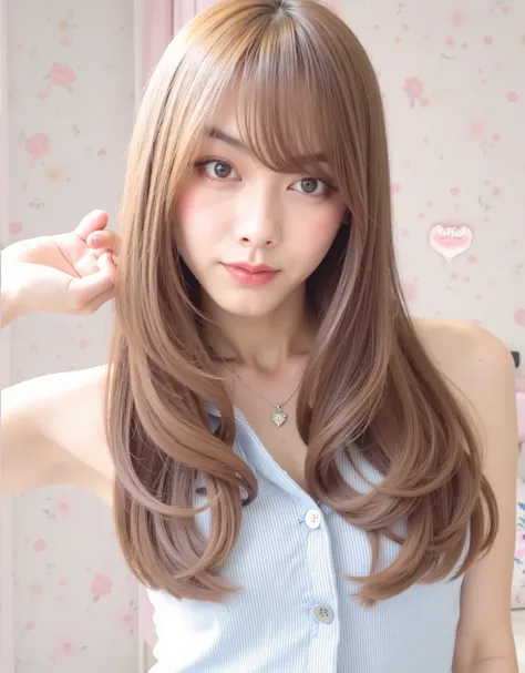 A cute young woman with long, straight black hair styled in a half-up ponytail with soft bangs framing her face. She has fair, glowing skin and expressive dark eyes. She’s wearing a simple silver heart necklace and a dark navy blue off-shoulder top with su...