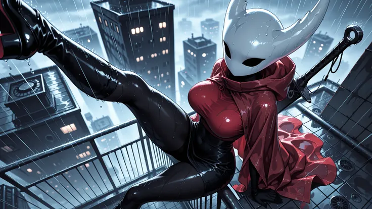 masterpiece, best quality, amazing quality, hyper-detailed, Smooth_Quality, depth of field, hood down,professional lighting, hornet /(hollow knight/), solo,red cloak, black skin, hoodless cloak, large breasts, thick thigh, sitting, one leg raised up high, ...
