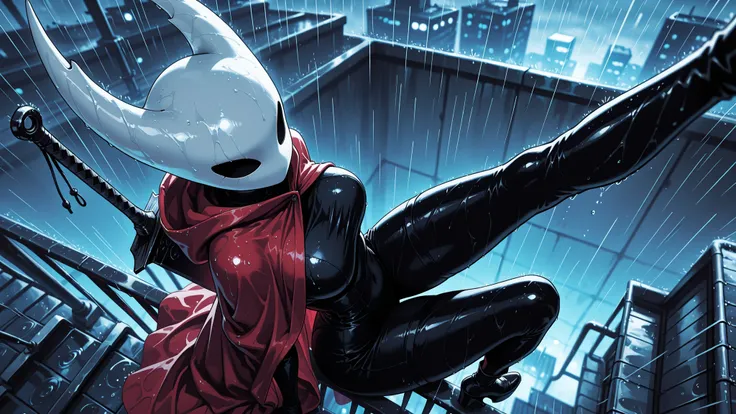 masterpiece, best quality, amazing quality, hyper-detailed, Smooth_Quality, depth of field, hood down,professional lighting, hornet /(hollow knight/), solo,red cloak, black skin, hoodless cloak, large breasts, thick thigh, sitting, one leg raised up high, ...
