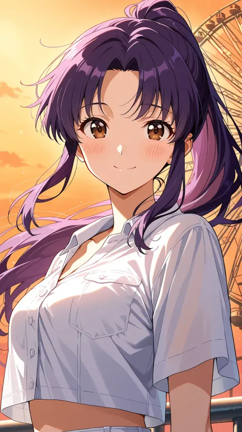 BREAK (masterpiece:1.2),Ferris wheel against orange sky,
last sunlight fading behind stalls,
peaceful nostalgic warmth,misato katsuragi, long hair, brown eyes, purple hair, parted bangs, ponytail, sidelocks,Female anime outfit,
open linen shirt over c...