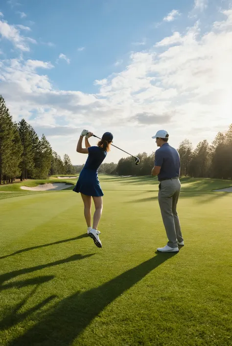 Large golf course on a clear day、The moment a professional female golfer decides to swing、A male golfer next to them watches with admiration、Bright green lawn、Blue Sky and White Clouds Spreading in the Background、Pine trees illuminated by the rising sun々、S...