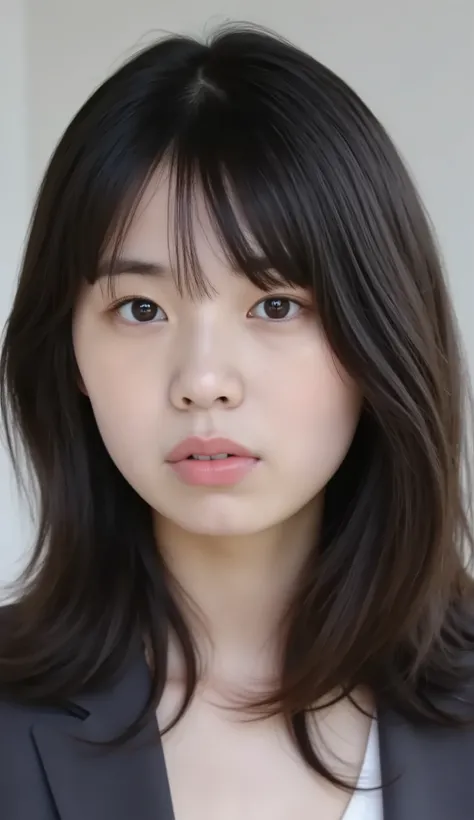 Neat Young Woman、looking at the camera、office lady suit、jacket、shirt、Ear piercings、前髪あり、薄い茶髪、無表情、口を閉じている、face close-up、The background is office