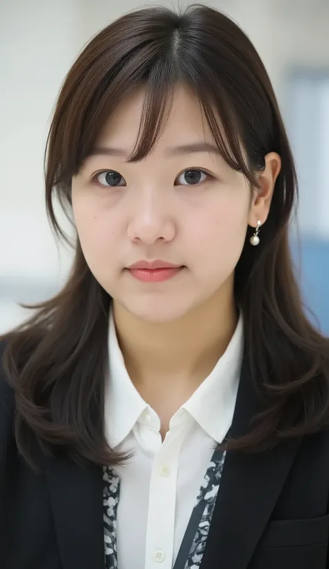 Neat Young Woman、looking at the camera、office lady suit、jacket、shirt、Ear piercings、、無表情、口を閉じている、face close-up、The background is office
