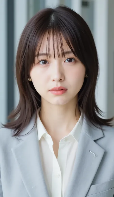 Neat Young Woman、and look at the camera、office lady suit、jacket、shirt、necklace、、ear piercing、前髪あり、No expression、has closed its mouth、The background is office