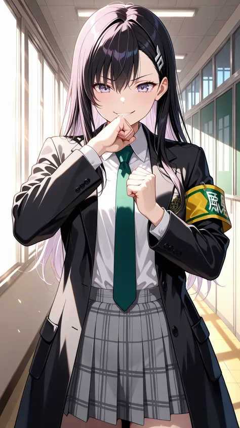 (masterpiece, details:1.2),cowboy shot,beautiful girl with a smirking face、black long hair、Light Purple Eyes，white shirt、black suit，black coat、grey check skirt、[green armband:1.1]，small tits，school hallway，sunlight, Crack my knuckles, shading face, Open Hi...