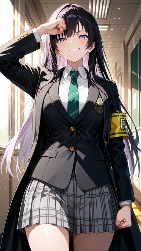 (masterpiece, details:1.2),cowboy shot,beautiful girl with a smirking face、black long hair、Light Purple Eyes，white shirt、black suit，black coat、grey check skirt、[green armband:1.1]，small tits，school hallway，sunlight, Crack my knuckles, shading face, Open Hi...