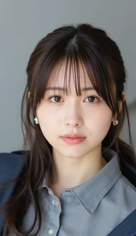 Neat Young Woman、and look at the camera、office lady suit、jacket、shirt、necklace、、ear piercing、前髪あり、No expression、has closed its mouth、The background is office