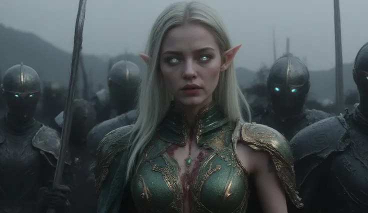 ((masterpiece)) ((photography)) ((Highest quality)) A hyper-realistic fantasy warrior elf woman standing in the center of an armored army with long spears. She has long blonde hair, sharp elven ears, and piercing blue eyes. Her face is fierce and determin...