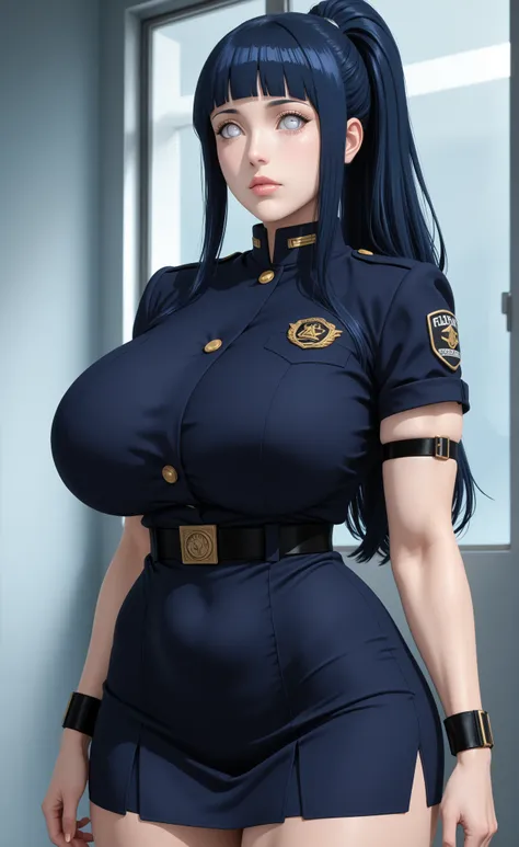 1Female, BEAUTY Woman Dressed in student Disciplinary Comittee uniform. Disciplinary Comittee Arm Band, Standing With Calm and Authority Demeanor, Hyūga Hinata, Dark Blue Hair, Long Hair, Alternate Ponytail Hairstyle, Long Side-Bangs, White Eyes, Huge Brea...