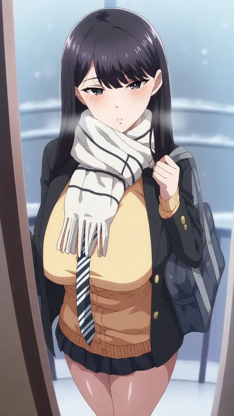 1girl,solo,mm,mature woman,LONG HAIR,dark haired,dark eyes,Bang,chest,anime painted,
school uniform,black jacket,Scarf,yellow cardigan,white shirt,necktie,striped necktie,pleated skirt,cold,Light Blush, Flatted Lips, breathe,entrance, Entrance, satchel, Li...