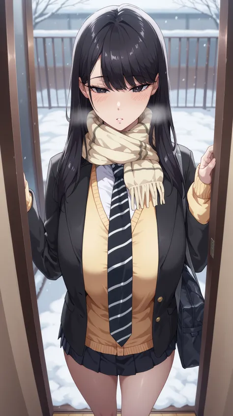 1girl,solo,mm,mature woman,LONG HAIR,dark haired,dark eyes,Bang,chest,
school uniform,black jacket,Scarf,yellow cardigan,white shirt,necktie,striped necktie,pleated skirt,cold,Light Blush, Flatted Lips, breathe,entrance, Entrance, satchel, Light Brow Wrink...