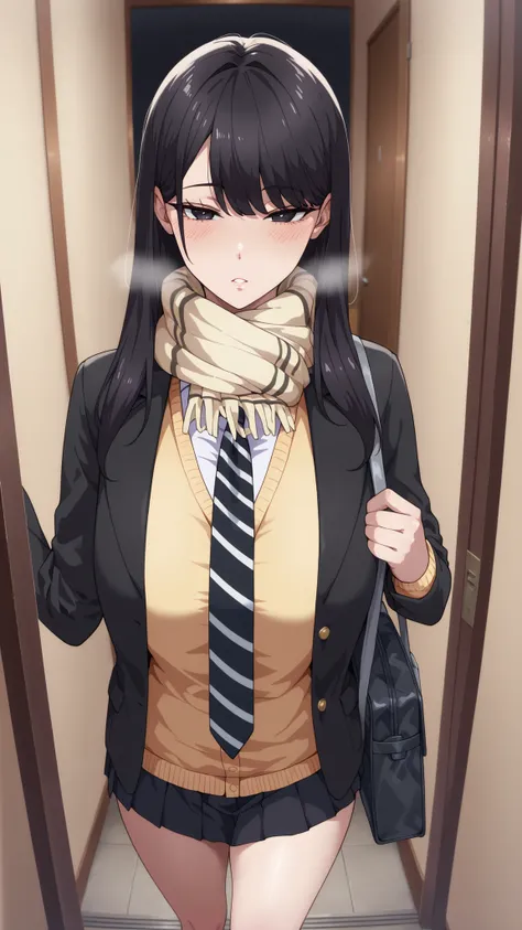 1girl,solo,mm,mature woman,LONG HAIR,dark haired,dark eyes,Bang,chest,
school uniform,black jacket,Scarf,yellow cardigan,white shirt,necktie,striped necktie,pleated skirt,cold,Light Blush, Flatted Lips, breathe,entrance, Entrance, satchel, Light Brow Wrink...