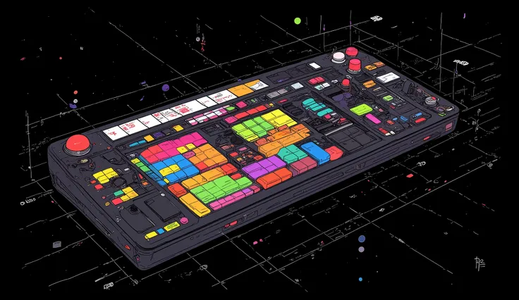 Great console : Regular measurement console ,black background,button,switch,keyboard,canvas into colorful squares, Create a harmonious and powerful composition ,information,Graph paper,Scale , graph,Geometry Model