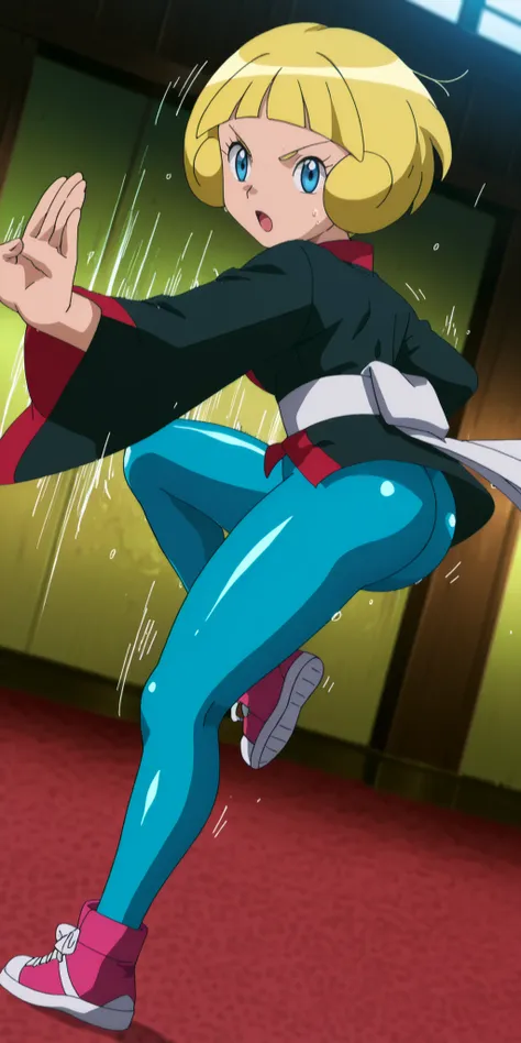 score_9, score_8_up, score_7_up, score_6_up, score_5_up, 
gretapkmn, blonde hair, short hair, blunt bangs, eyelashes, blue bodysuit, skin tight, blue eyes, black and red kimono, long kimono, japanese clothes, pink sneakers, white sash, 
, 1girl, solo, shin...