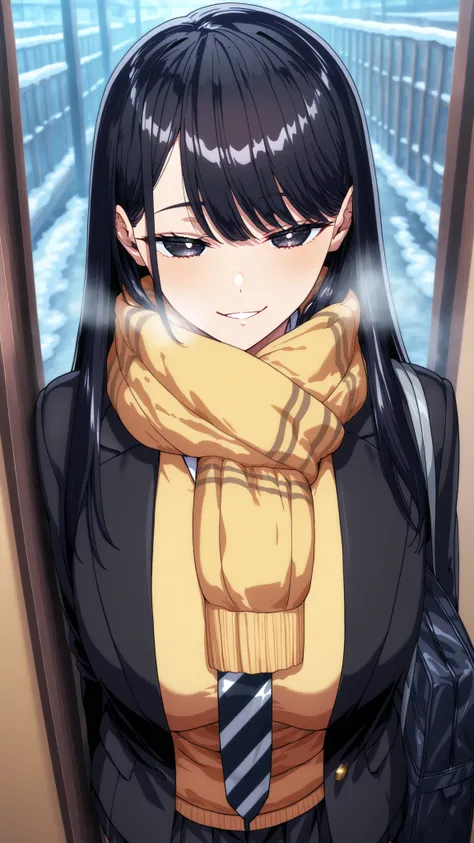 (Yokota Mamoru style),staring at the viewer,charming smile,(portrait :1.4),1girl,solo,mm,mature woman,LONG HAIR,dark haired,dark eyes,Bang,chest,
school uniform,black jacket,Scarf,yellow cardigan,white shirt,necktie,striped necktie,pleated skirt,cold,Light...