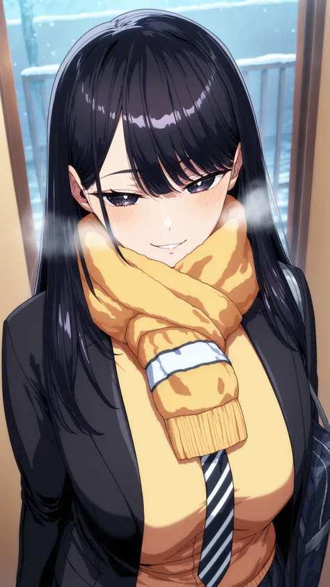 (Yokota Mamoru style),staring at the viewer,charming smile,(portrait :1.4),1girl,solo,mm,mature woman,LONG HAIR,dark haired,dark eyes,Bang,chest,
school uniform,black jacket,Scarf,yellow cardigan,white shirt,necktie,striped necktie,pleated skirt,cold,Light...