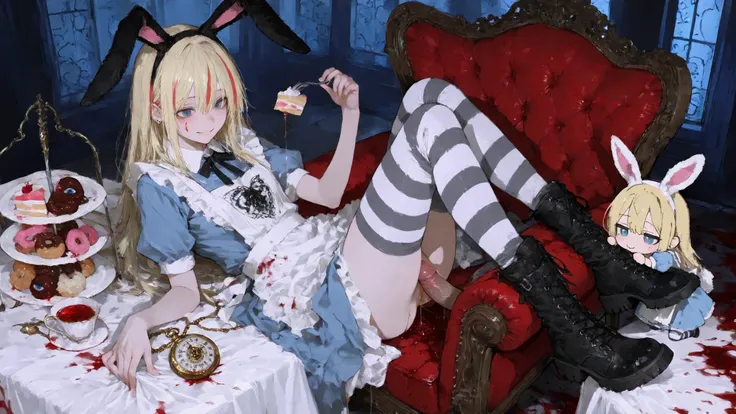 boy,penis,piss,illustration, best quality, dramatic lighting, 00118_illu,
,r17329_illu,masterpiece, best quality, ultra-detailed, 1cute chibi girl,dark gothic twisted version of Alice in Wonderland. The character sits casually in a large, plush red chair, ...