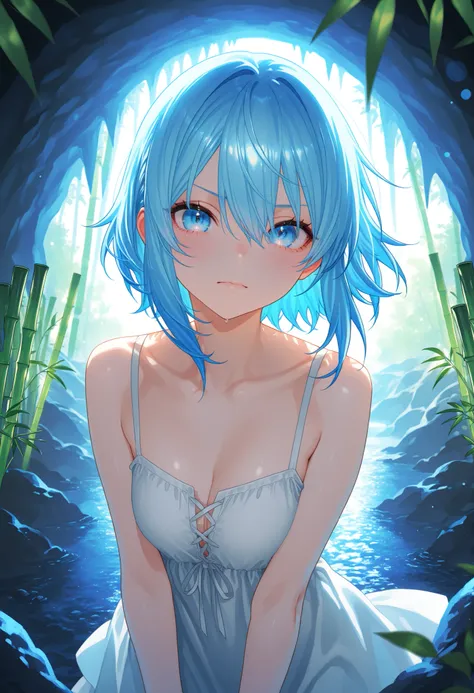 A girl who goes on an adventure in a huge underground cave in search of sparkling ores、slender body、serious expression、Attitudes Like Leading Explorers、Bright Ore Shining in the Dark、A fantastic underground lake、 Chokehole、Stalagmite 、Beautiful Scenery Wov...
