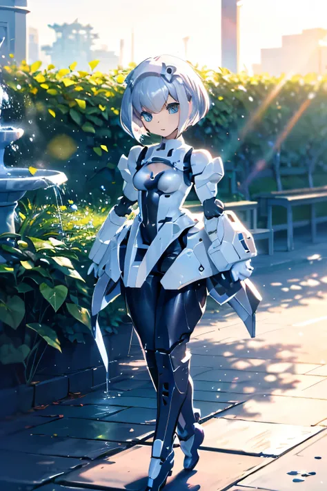 create detailed images。one woman。robotgirl。Silvery straight short bob。Strolling along the 。The background is an elegant garden with bright sunlight。White bench。An elegant fountain。