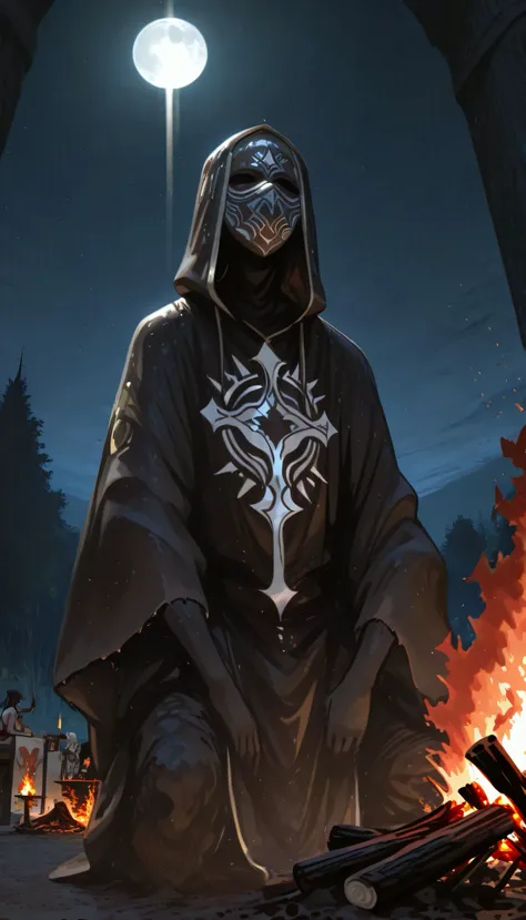 Madman dancing like crazy in front of a bonfire altar、Papua New Guinea Madman、wears a mask made of mud、On a completely dark night, only the light of a bonfire illuminates the surroundings、Has a tattoo of faith in the Earth、 white sickle