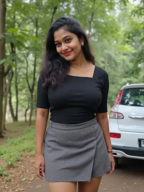 kerala young female reshma. Reshma is curvy  shaped.reshma is average sized body. perfectly fit body figure with milf breast and indian fair skin tone and black hair.wearing too short tight gray skirt and small straps black blouse outdoor.her suzuki wagon ...