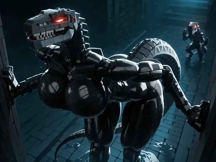 l3g0, masterpiece, best quality, amazing quality, very aesthetic, high resolution, highly detailed, high quality, krekkov style, score_9, score_8_up, score_7_up , solo, muscular, roodaka, bionicle, anthro, dinosaur, lidded eyes, annoyed, glowing eyes, sedu...