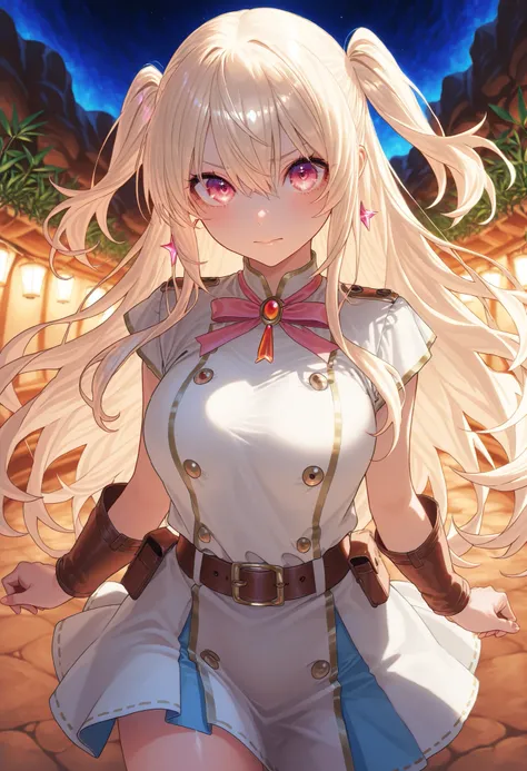 A girl who goes on an adventure in a huge underground cave in search of sparkling ores、cowboy shot、slender body、serious expression、Attitudes Like Leading Explorers、Bright Ore Shining in the Dark、A fantastic underground lake、 Chokehole、Stalagmite 、Beautiful...