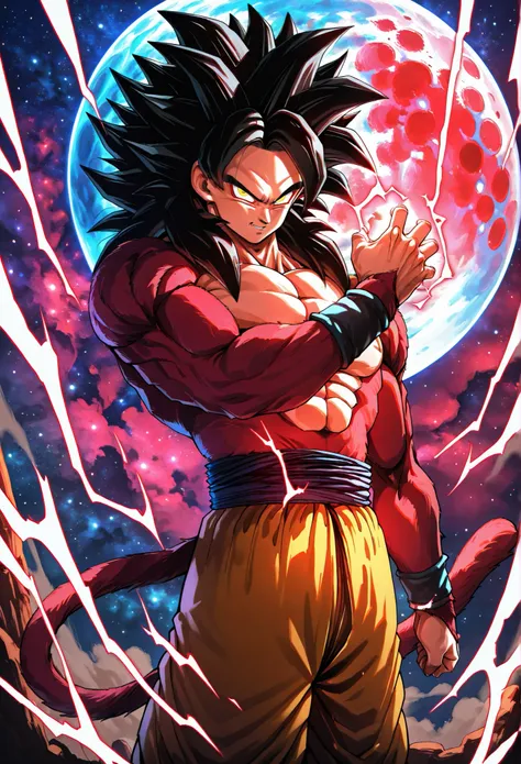 masterpiece, best quality, zzGokuSSJ4, yellow eyes, black hair, spiked hair, super saiyan, body fur, red fur, energy, aura, electricity, tail, wristband, pants, looking at viewer, cowboy shot, scifi background, giant moon, starry sky, ,