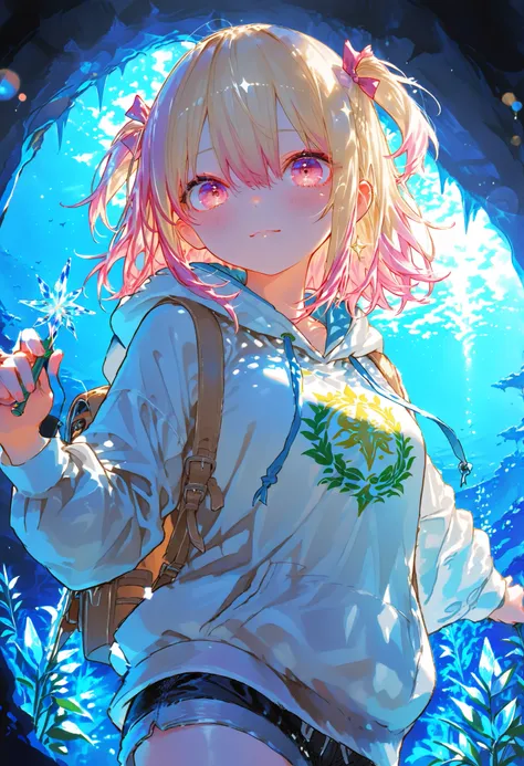 A girl who goes on an adventure in a huge underground cave in search of sparkling ores、cowboy shot、slender body、serious expression、Attitudes Like Leading Explorers、Bright Ore Shining in the Dark、A fantastic underground lake、 Chokehole、Stalagmite 、Beautiful...